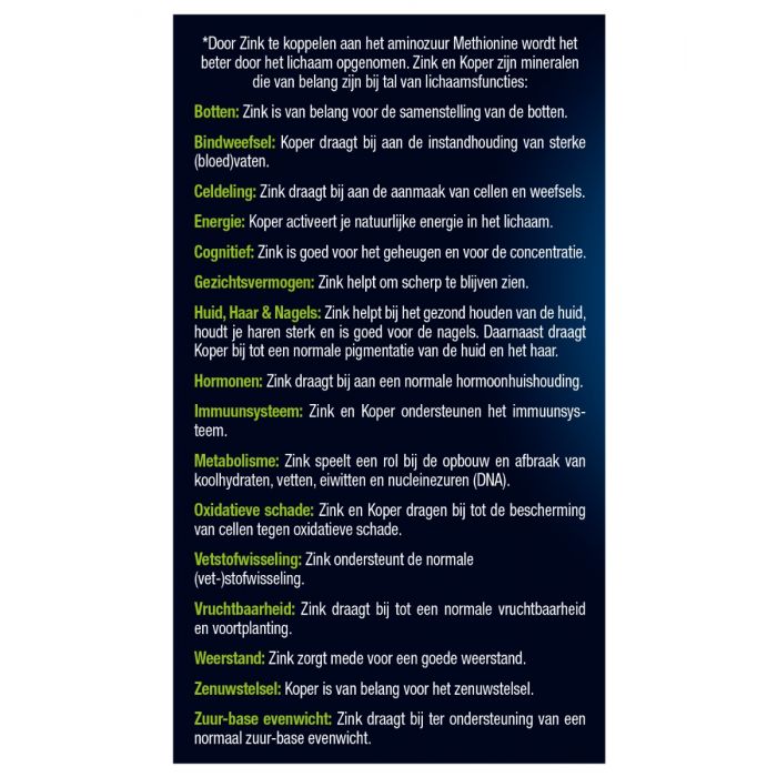 Zinkmethionine & Koper 60 tabletten