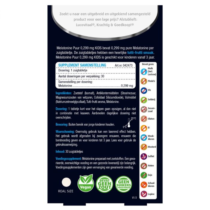 Melatonine Kinderen 0,299 mg met tutti-frutti smaak 30 zuigtabletten