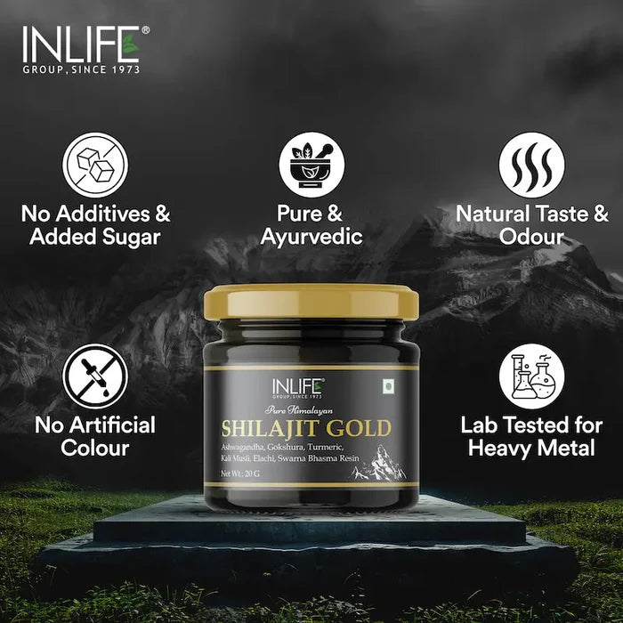 Inlife Shilajit Goudhars met Ashwagandha, Tribulus, Kurkuma, Kali Musli | 20g