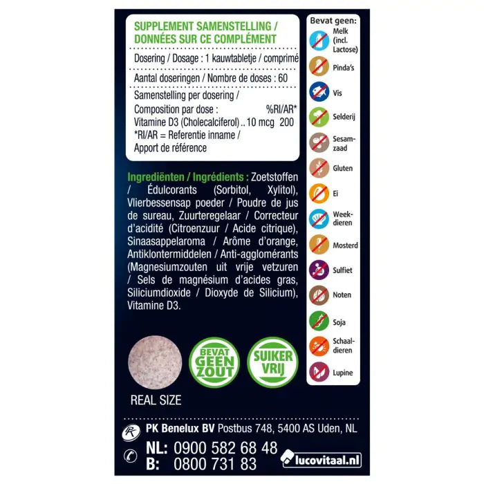 Vitamine D3 10 mcg (400IE) Vegan Kauwtablet