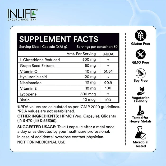 Inlife L-Glutathion Gereduceerd Supplement | Vegetarische Capsules