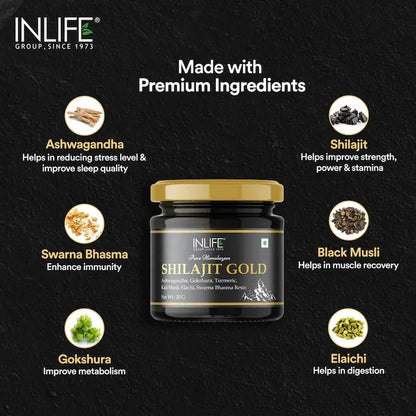Inlife Shilajit Goudhars met Ashwagandha, Tribulus, Kurkuma, Kali Musli | 20g