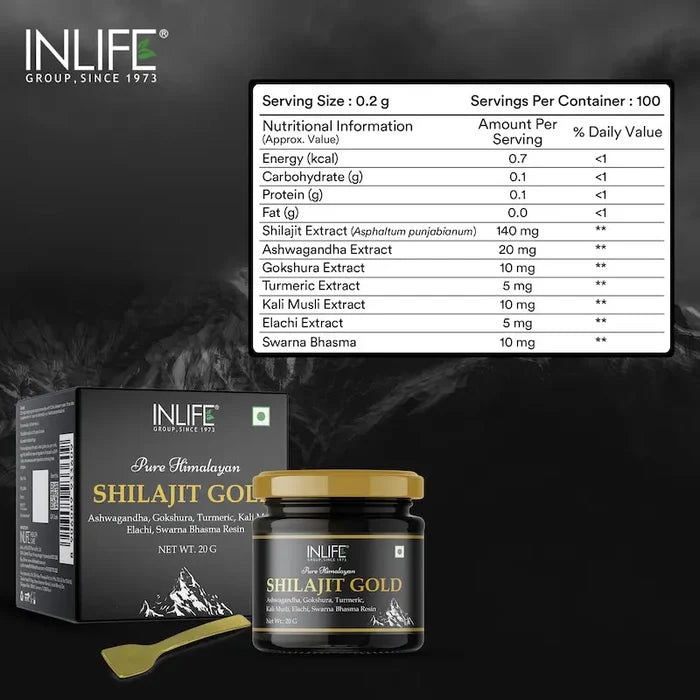 Inlife Shilajit Goudhars met Ashwagandha, Tribulus, Kurkuma, Kali Musli | 20g