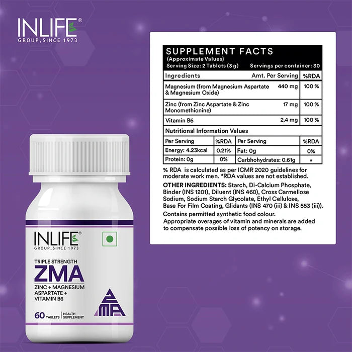 Inlife ZMA – Zink Magnesium Aspartaat en Vitamine B6 Supplement voor Mannen en Vrouwen | Spierherstel en Slaapondersteuning | Vegetarische Tabletten