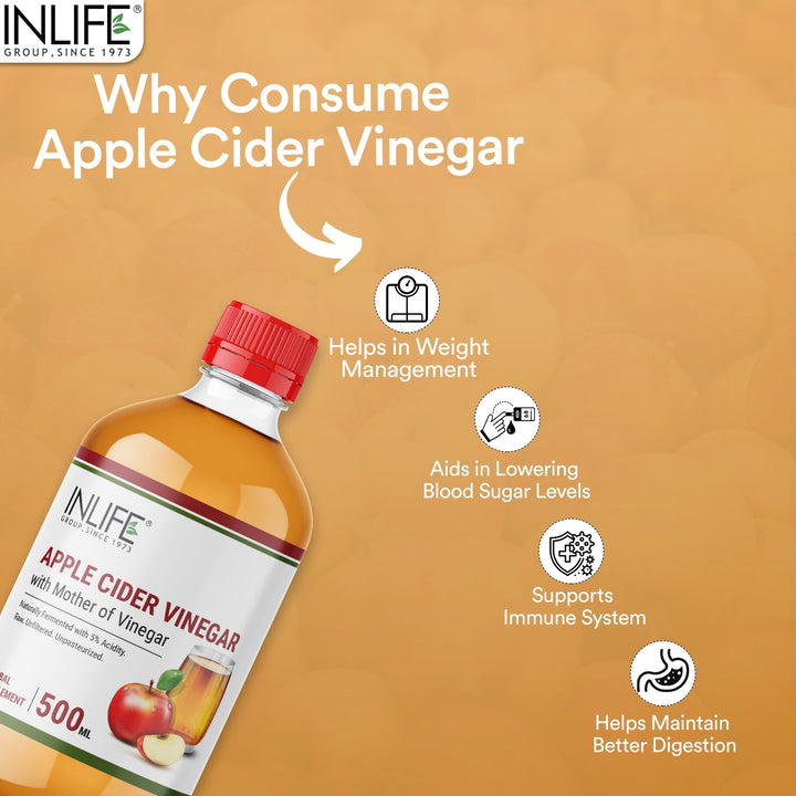 INLIFE Apple Cider Vinegar with Mother Vinegar, Raw, Unfiltered, Unpasteurized Health Supplement - 500 ml