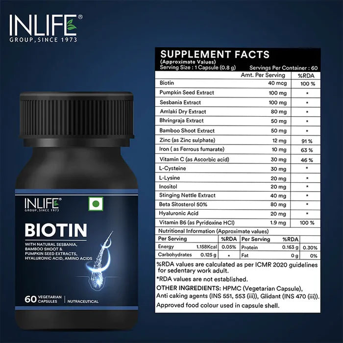 Inlife Biotin Supplement voor Haar, met Sesbania en Bamboescheut | Vegetarische Capsules